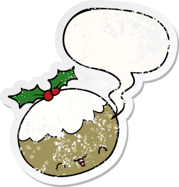 Güzel bir çizgi film pudingi, konuşma baloncuğu ve bir insan tarafından çizilmiş sıkıntılı eski bir çıkartma.