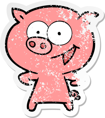 Bir insan tarafından çizilmiş neşeli bir domuz çizgi filminin hüzünlü çıkartması.