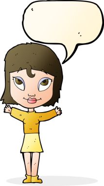 Bir insan tarafından çizilmiş konuşma balonlu açık kollu çizgi film kadını.