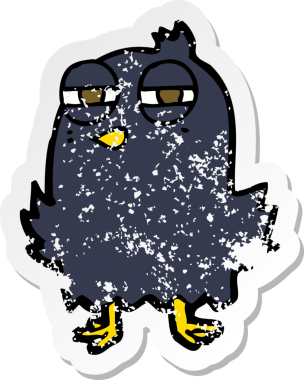 Bir insan tarafından çizilmiş komik bir karikatür kuşunun gerilmiş çıkartması.