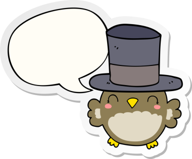 Bir insan tarafından çizilmiş balon etiketli silindir şapka takan bir baykuş.