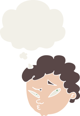 Düşünce baloncuğu olan, bir insan tarafından çizilmiş şüpheli bir çizgi film karakteri.