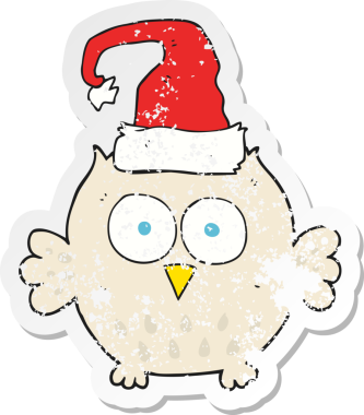 Bir insan tarafından çizilmiş noel şapkası giyen bir baykuşun gerilimli çıkartması.