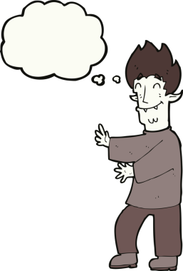 Bir insan tarafından çizilmiş düşünce baloncuğu olan heyecanlı bir vampir.