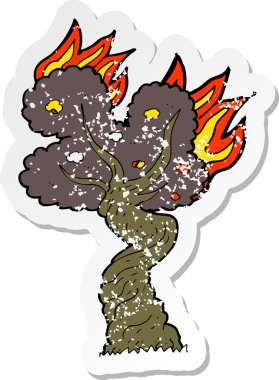 Bir insan tarafından çizilmiş eski ağacı yakan karikatürün gerilimli yapıştırması.