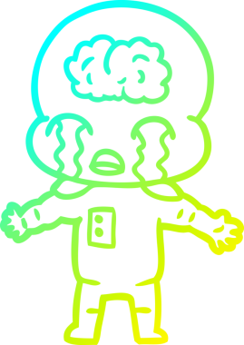 Bir çizgi filmin soğuk gradyan çizimi. Bir insan tarafından çizilmiş ağlayan büyük beyin uzaylısı.