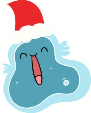 Bir insan tarafından çizilmiş Noel Baba şapkası takan bir bakterinin düz renk çizimi.