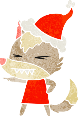 Kızgın kurt el, bir insan tarafından çizilmiş Noel Baba şapkasının retro karikatürünü çizdi.