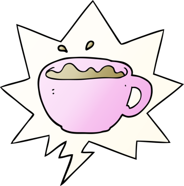 Bir insan tarafından çizilmiş yumuşak eğimli konuşma baloncuklu çizgi film kahve fincanı.