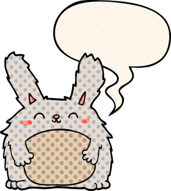 Çizgi roman tarzında konuşan kürklü tavşan bir insan tarafından çizilmiş.