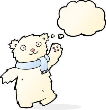 Bir insan tarafından çizilmiş düşünce baloncuklu atkı takan çizgi film ayısı.