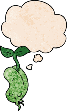 Bir insan tarafından çizilmiş grunge desenli düşünce baloncuklu fasulye filizlenen çizgi film.