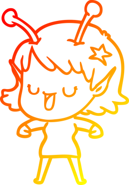 Bir insan tarafından çizilmiş mutlu bir uzaylı kız çizgi filmi.