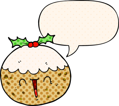 Bir insan tarafından çizilmiş çizgi roman tarzında konuşma baloncuklu tatlı çizgi film pudingi.