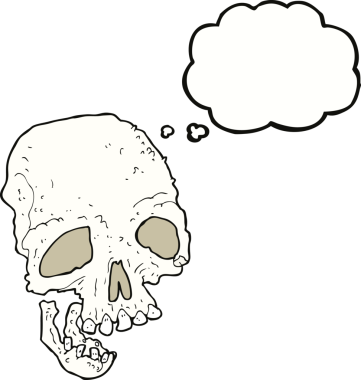 Bir insan tarafından çizilmiş düşünce baloncuklu antik ürkütücü kafatası.