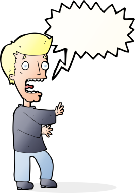 Bir insan tarafından çizilmiş, konuşma balonuyla dehşete düşmüş bir adam.