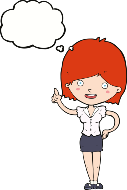 Bir insan tarafından çizilmiş düşünce baloncuğu fikri olan karikatür kadın.