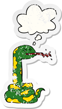 Düşünce baloncuklu karikatür tıslayan yılan, insan tarafından çizilmiş, yıpranmış bir çıkartma.