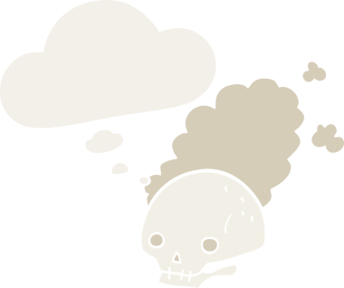 Düşünce baloncuğu insan tarafından çizilmiş tozlu, eski bir kafatası çizgi filmi.