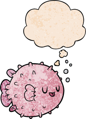 Düşünce baloncuğu olan balon balığı çizgi film karakteri bir insan tarafından çizilmiş.