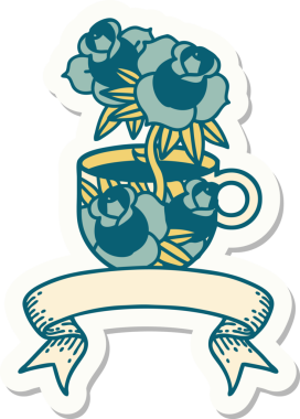 Bir fincanın pankartıyla dövme stili çıkartması ve bir insanın çizdiği çiçekler