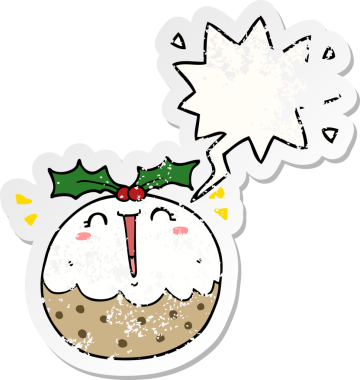 Güzel bir çizgi film pudingi, konuşma baloncuğu ve bir insan tarafından çizilmiş sıkıntılı eski bir çıkartma.