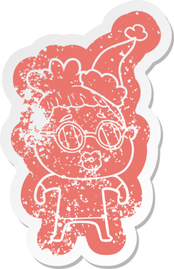 Garip bir çizgi film. Gözlük takan, Noel Baba şapkası takan, insan tarafından çizilmiş bir kadın etiketi.