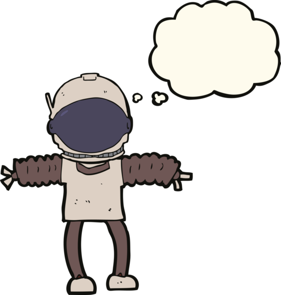 Bir insan tarafından çizilmiş düşünce baloncuklu astronot.