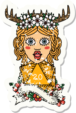 Bir insan tarafından çizilmiş doğal yirmi zarlı bir Druid 'in grunge çıkartması.