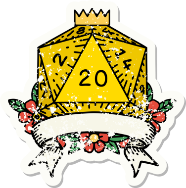 Bir insan tarafından çekilen 20 kritik vuruşluk D20 zar atımının grunge çıkartması.