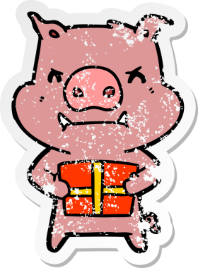 Bir insan tarafından çizilmiş Noel hediyeli kızgın bir domuzun sıkıntılı çıkartması.