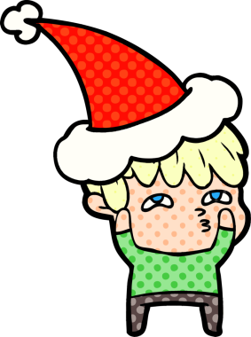 Bir insan tarafından çizilmiş Noel Baba şapkası giyen meraklı bir adamın el çizimi çizgi roman çizimi.