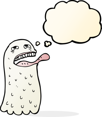 Bir insan tarafından çizilmiş düşünce balonlu komik bir hayalet.