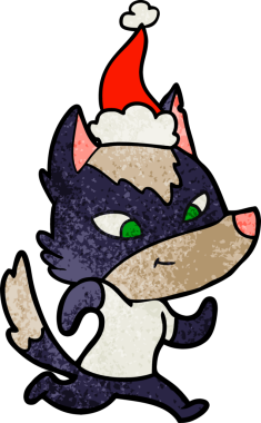 Bir insan tarafından çizilmiş Noel Baba şapkası takan bir kurt resmi.