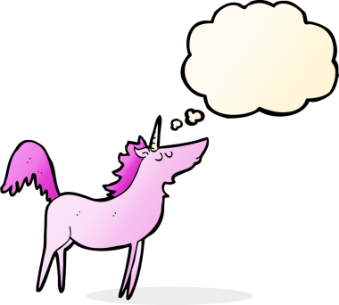 Bir insan tarafından çizilmiş düşünce baloncuklu tek boynuzlu at.