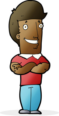 Bir insan tarafından çizilmiş, katlanmış kolları olan çizgi film adamı.