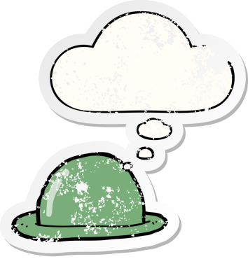 Düşünce baloncuklu çizgi film melon şapkası bir insan tarafından çizilmiş yıpranmış bir çıkartma.