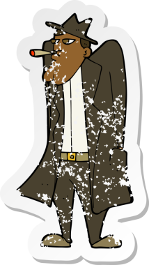 Bir insan tarafından çizilmiş şapkalı ve trençkotlu bir çizgi film karakterinin gerilimli çıkartması.