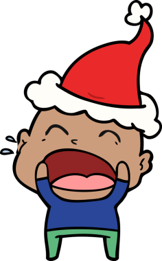 Bir insan tarafından çizilmiş Noel Baba şapkası giymiş bağıran kel bir adamın el çizimi.