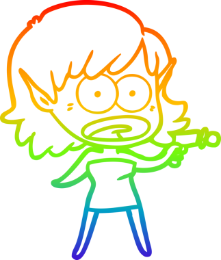 Karikatür çizen gökkuşağı gradyanı bir insan tarafından çekilen ışın tabancasıyla şok olmuş uzaylı bir kız.