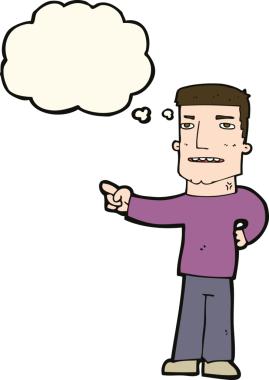 Bir insan tarafından çizilen düşünce baloncuğuyla işaret eden çizgi film adamı.