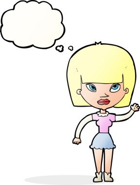 Bir insan tarafından çizilmiş düşünce baloncuğuyla el sallayan karikatür kadını.