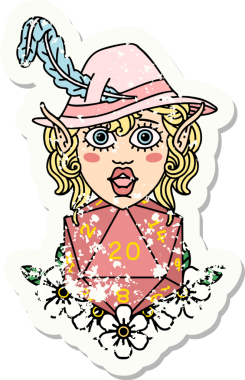 Bir insan tarafından çizilmiş doğal yirmi zarlı elf ozan karakterinin grunge sticker 'ı