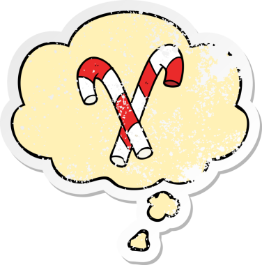 Düşünce baloncuğu olan çizgi film şeker kamışları insan tarafından çizilmiş yıpranmış bir çıkartma gibi.