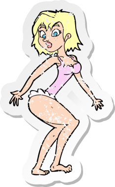 Bir insan tarafından çizilmiş iç çamaşırlı bir karikatür kadının gerilimli çıkartması.