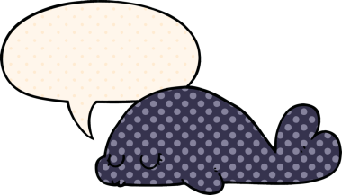 Bir insan tarafından çizilmiş çizgi roman tarzında konuşma baloncuğu olan şirin bir fok.