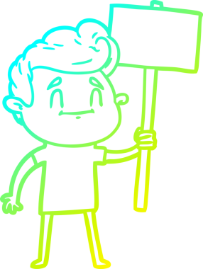 Bir insan tarafından çizilmiş tabelalı mutlu bir çizgi film adamı çizimi.