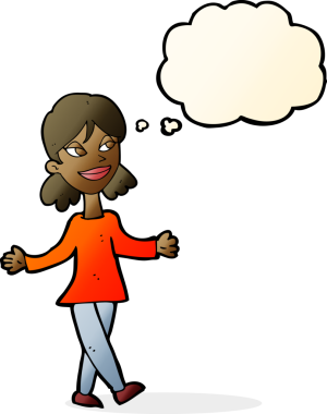 Bir insan tarafından çizilen düşünce baloncuğu ile ilgili endişesi olmayan çizgi film kadını.