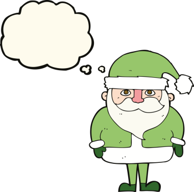 Bir insan tarafından çizilmiş düşünce baloncuklu Noel Baba çizgi filmi.