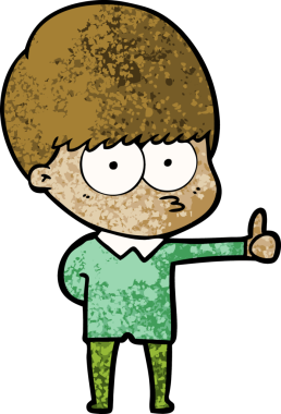 Meraklı çizgi film çocuğu bir insan tarafından çizilmiş işaret veriyor.